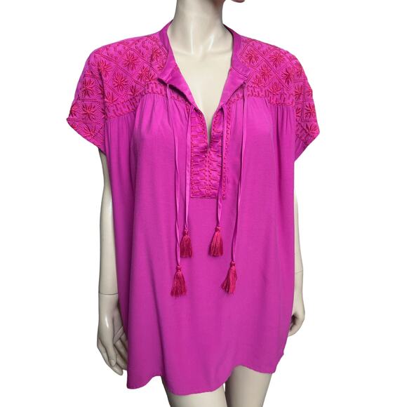 Johnny Was Calme Boho Double Tassel Top Embroidery Blouse L Raspberry Color - Picture 4 of 13